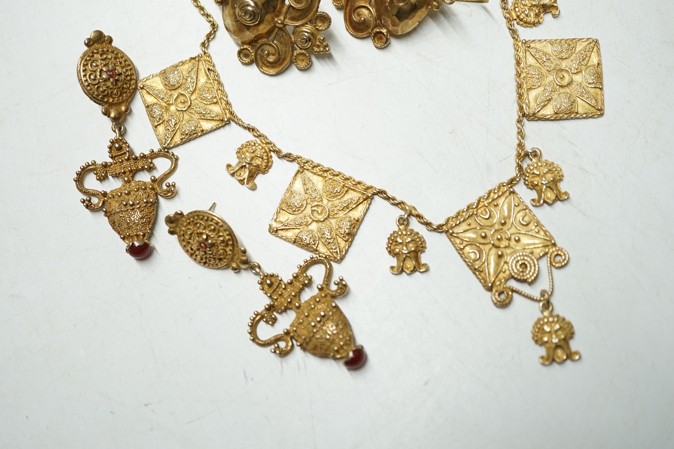 A small collection of Italian gilt 925 Etruscan revival jewellery by Louis Ciocchetti, comprising a necklace, 45.5cm and three assorted pairs of earrings. Condition - fair to good